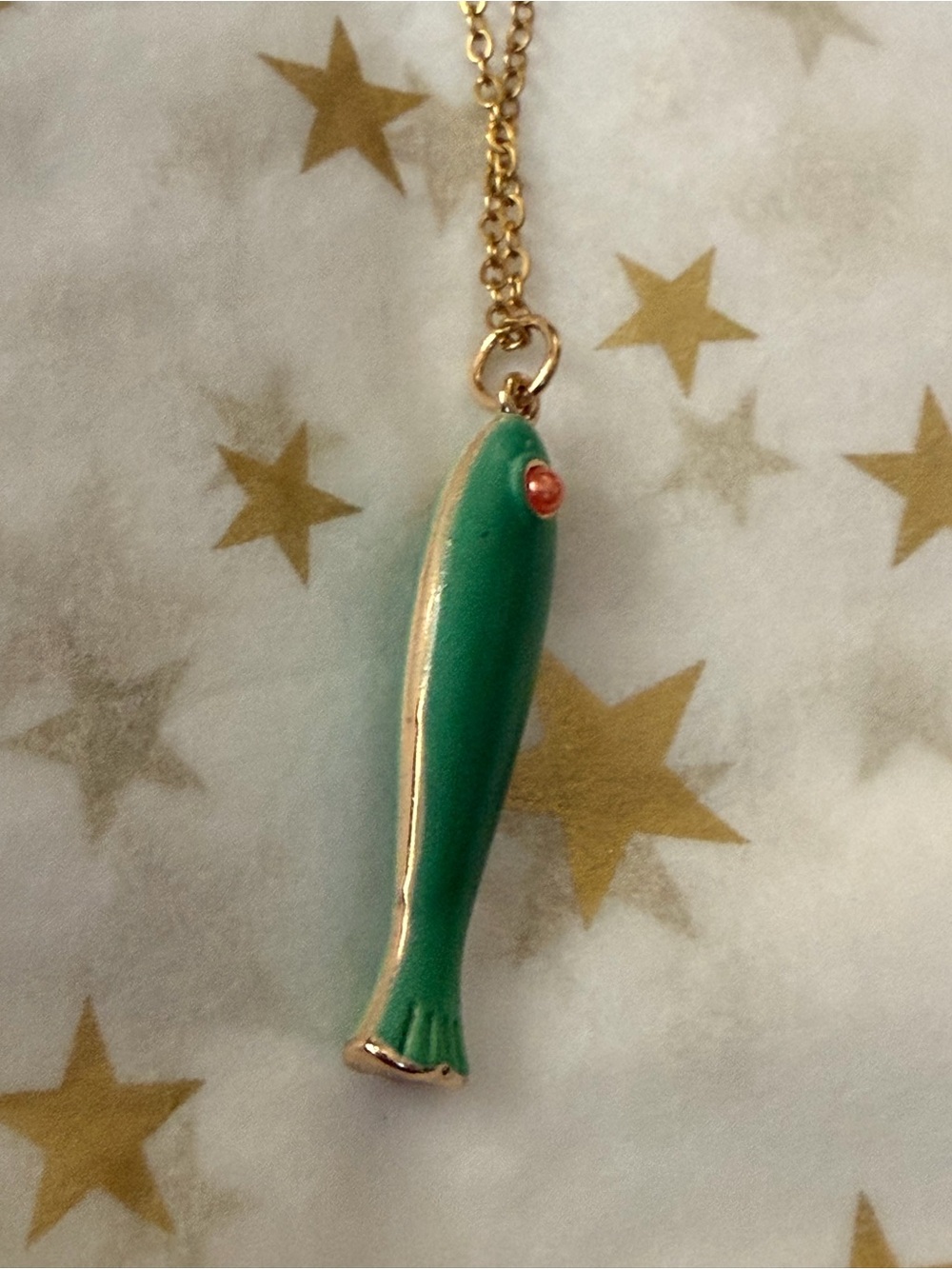 Jade Green Enamel Fish Pendant Necklace with Gold-Tone Accents
